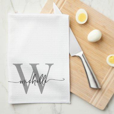 Modern Elegant White Gray Monogram Name Script Kitchen Towel