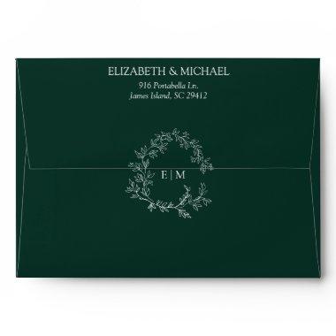 Modern Emerald Green Leafy Crest Monogram Wedding Envelope