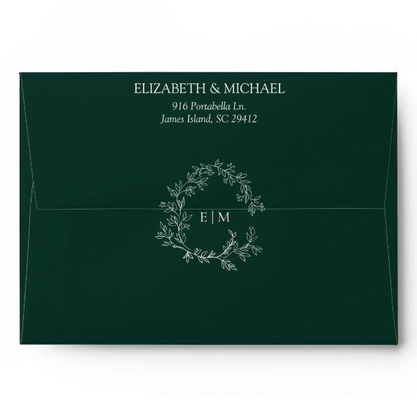 Modern Emerald Green Leafy Crest Monogram Wedding Envelope