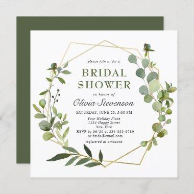 Modern Eucalyptus Geometric Frame Bridal Shower Invitations