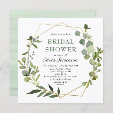 Modern Eucalyptus Geometric Frame Bridal Shower Invitations