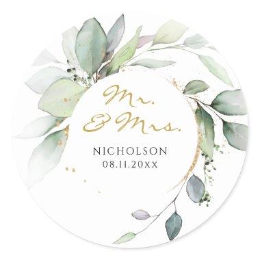 Modern Eucalyptus Greenery Gold Mr. & Mrs. Classic Classic Round Sticker