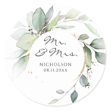 Modern Eucalyptus Greenery Gold Mr. & Mrs. Classic Round Sticker