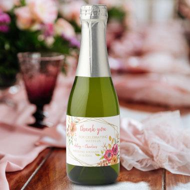 Modern Fall Floral Watercolor Coral Magenta Shower Sparkling Wine Label