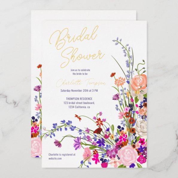 Modern fall wild flowers script bridal shower foil Invitations