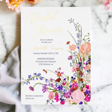 Modern fall wild flowers script bridal shower foil Invitations