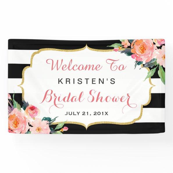 Modern Floral Black White Stripes Bridal Shower Banner