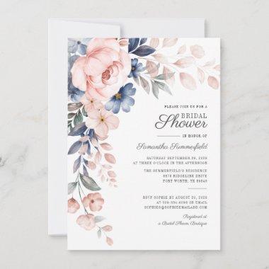 Modern Floral Blue Pink Botanical Bridal Shower Invitations