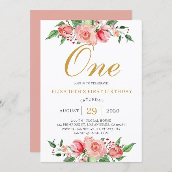 Modern Floral Blush Pink Gold Watercolor Birthday Invitations