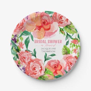 Modern Floral Bridal Shower Hot Pink Peach Coral Paper Plates