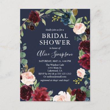 Modern Floral Burgundy Navy Blue Bridal Shower Invitation PostInvitations