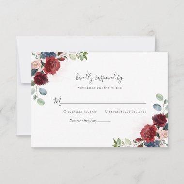 Modern Floral Burgundy Rustic Script Bridal Shower RSVP Card
