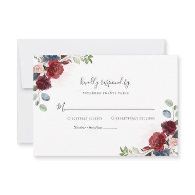 Modern Floral Burgundy Rustic Script Bridal Shower RSVP Card