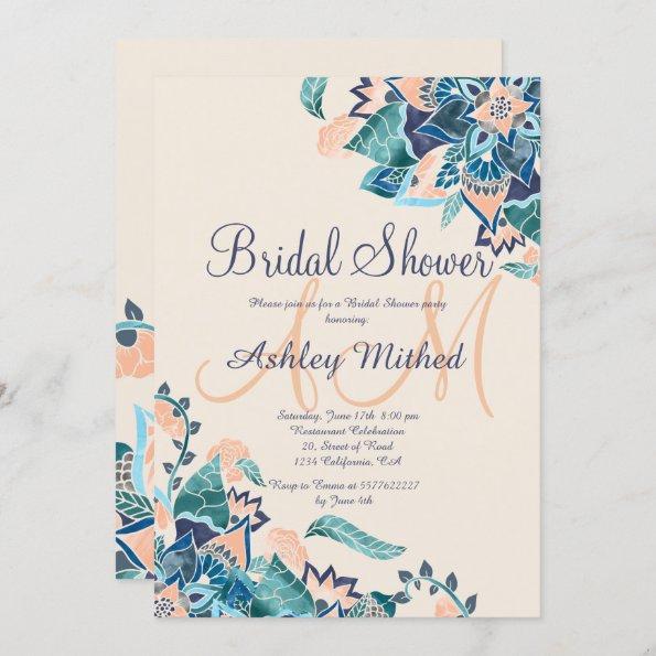 Modern floral coral teal watercolor Bridal Shower Invitations