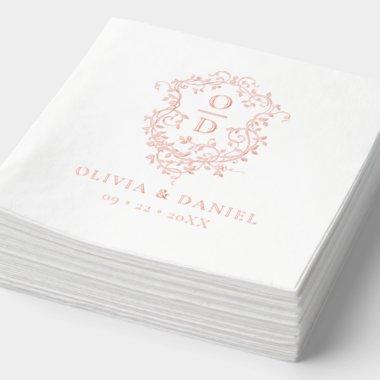 Modern Floral Crest Monogram Wedding Rose Gold Foil Napkins