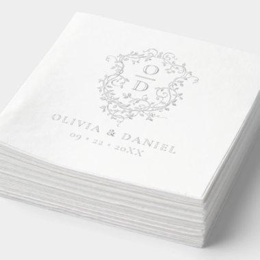 Modern Floral Crest Monogram Wedding Silver Foil Napkins