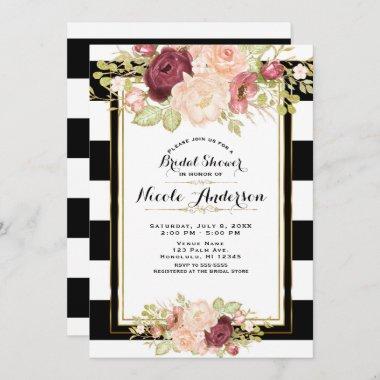 Modern Floral Glam Black White Stripes Bridal Invitations