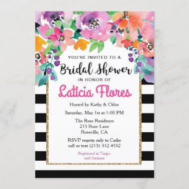 Modern Floral Glitter Bridal Shower Invitations