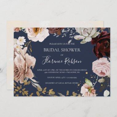 Modern Floral | Navy Horizontal Bridal Shower Invitations