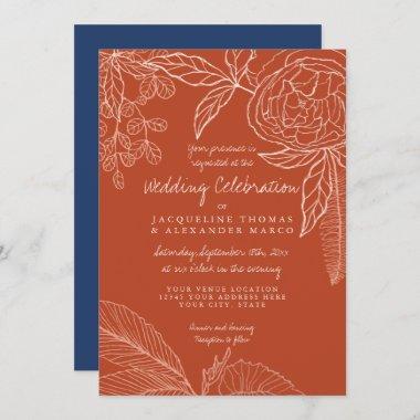 Modern Floral Peony Line Art Navy Orange Leaf Invitations