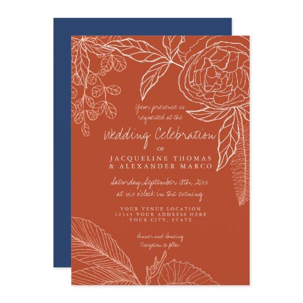 Modern Floral Peony Line Art Navy Orange Leaf