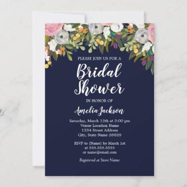 Modern Floral Pink Navy Bridal Shower Invitations