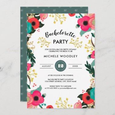 Modern Floral Pink Teal Bachelorette Party Invitations