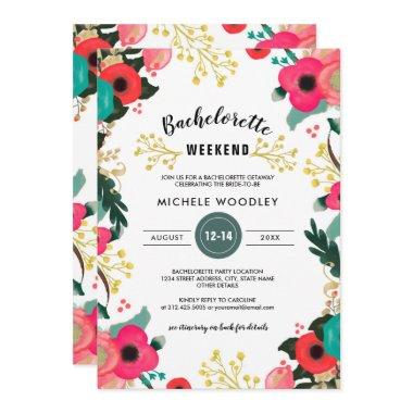 Modern Floral Pink Teal Bachelorette Weekend Invitations