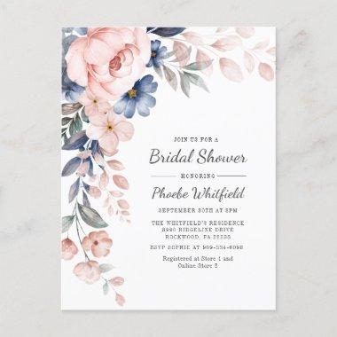 Modern Floral Rustic Pink Blue Bridal Shower Invitation PostInvitations