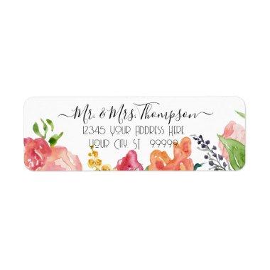 Modern Floral Watercolor Pink Peach Flower Foliage Label