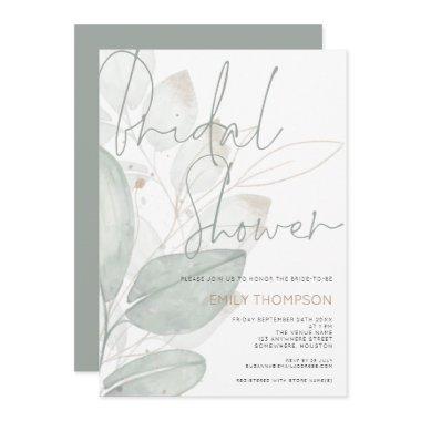 Modern Foliage Sage Gold Script Bridal Shower Invitations