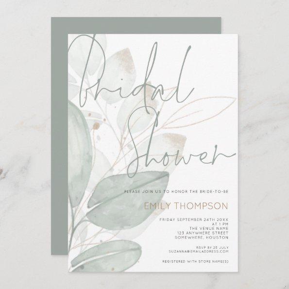 Modern Foliage Sage Gold Script Bridal Shower Invitations