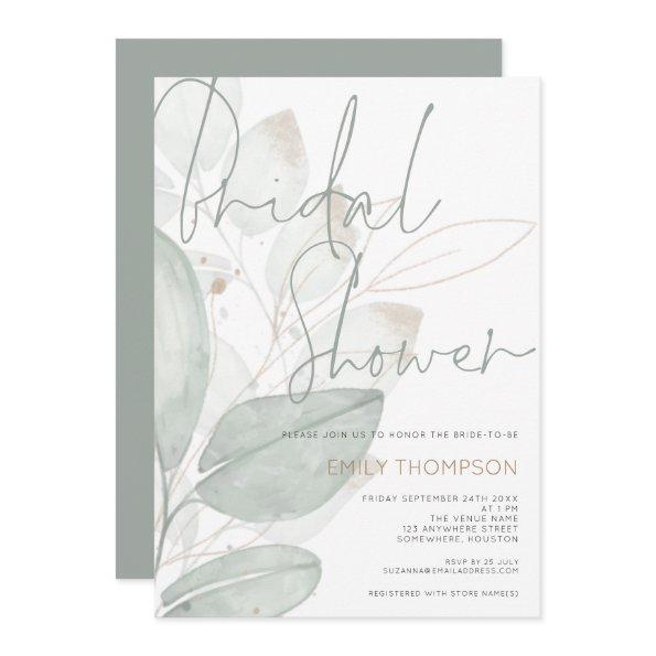 Modern Foliage Sage Gold Script Bridal Shower Invitations