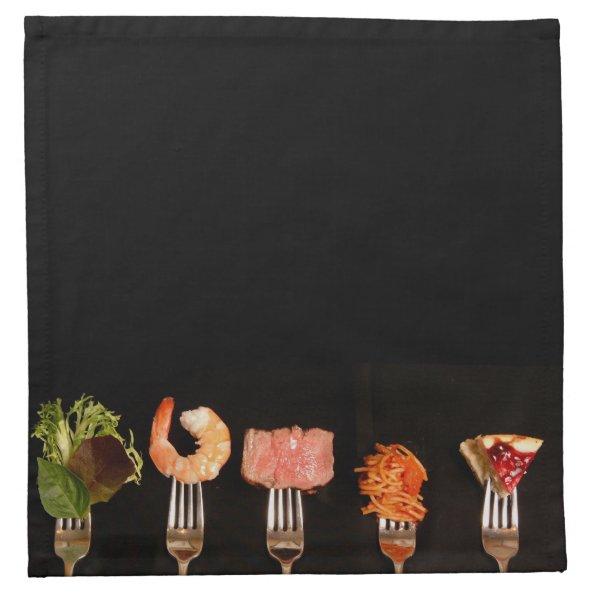 Modern Food on Forks Black Cloth Napkin