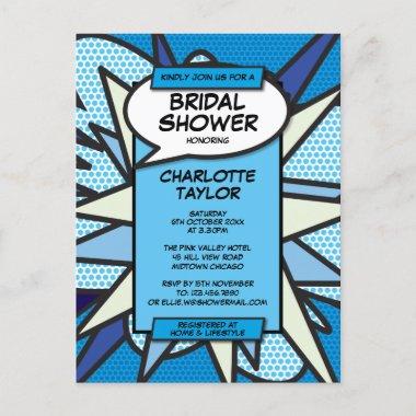 Modern Fun Bridal Shower Comic Book Blue Invitation PostInvitations