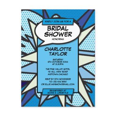 Modern Fun Bridal Shower Comic Book Blue Invitation PostInvitations