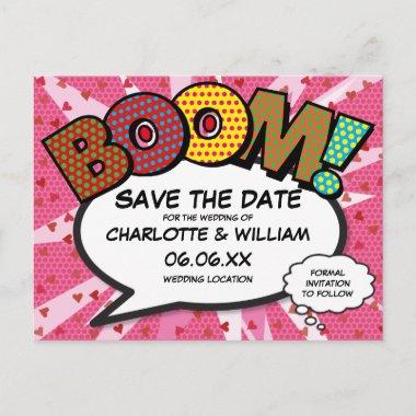 Modern Fun Comic Book BOOM Pink Save the Date PostInvitations