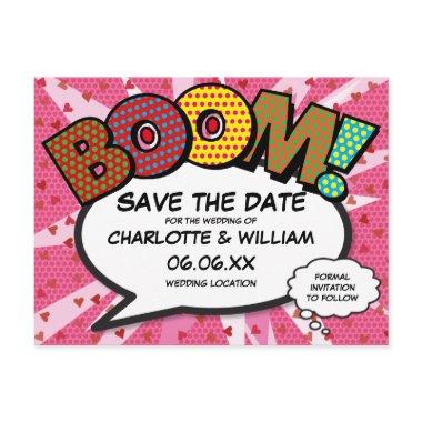 Modern Fun Comic Book BOOM Pink Save the Date PostInvitations