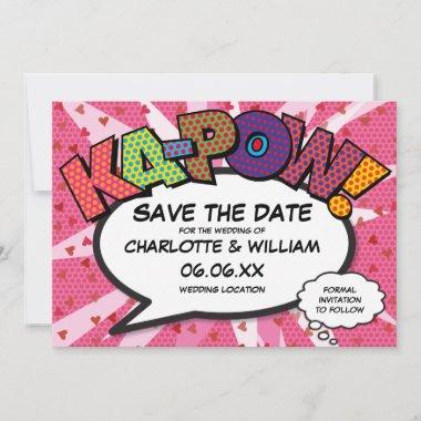 Modern Fun Comic Book KAPOW Pink Love Hearts Save The Date