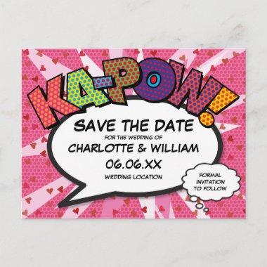 Modern Fun Comic Book KAPOW Pink Save the Date PostInvitations
