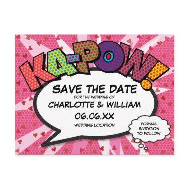 Modern Fun Comic Book KAPOW Pink Save the Date PostInvitations