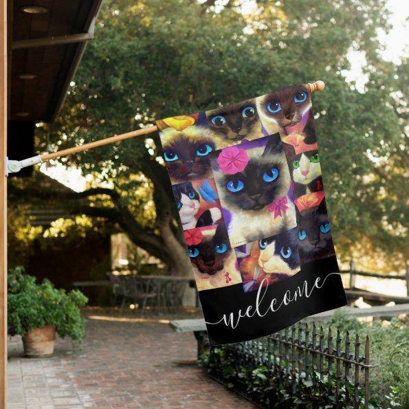 Modern Funny Cats Welcome Cat Lovers Name Script House Flag