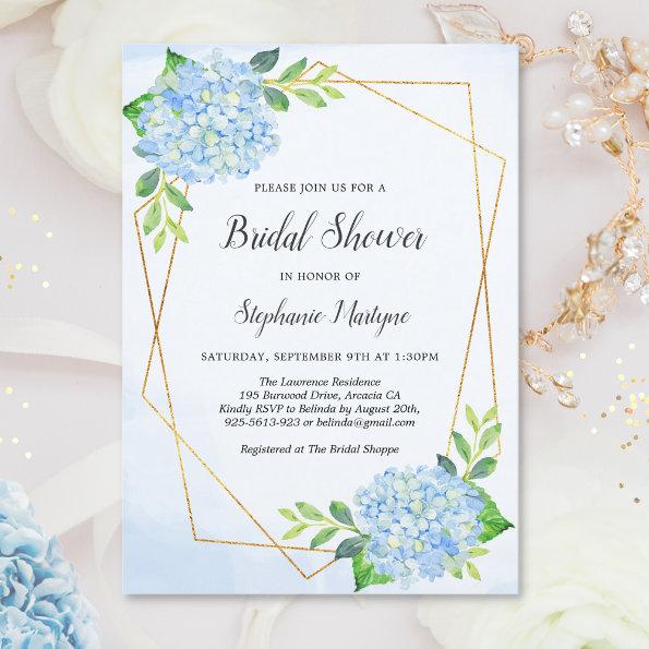 Modern Geometric Blue Hydrangea Bridal Shower Invitations