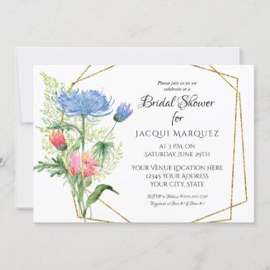 Modern Geometric Floral Pink n Blue Bridal Shower Invitations
