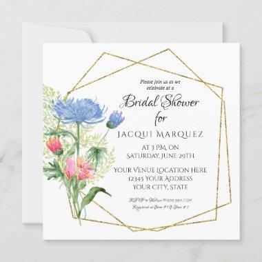 Modern Geometric Gold Watercolor Blue Pink Floral Invitations