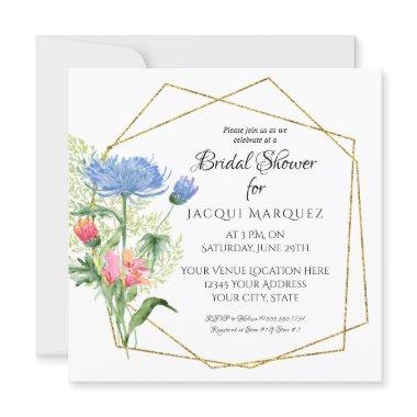 Modern Geometric Gold Watercolor Blue Pink Floral Invitations