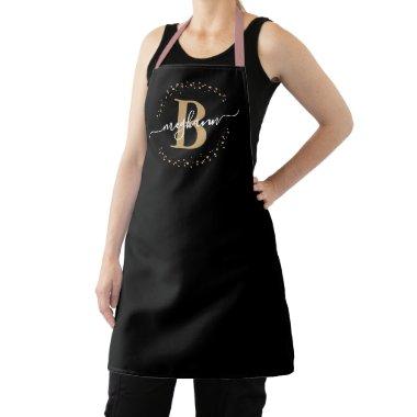 Modern Girly Black Gold Name Script Monogrammed Apron