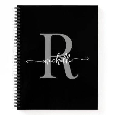 Modern Girly Black Gray Script Monogram Name Notebook