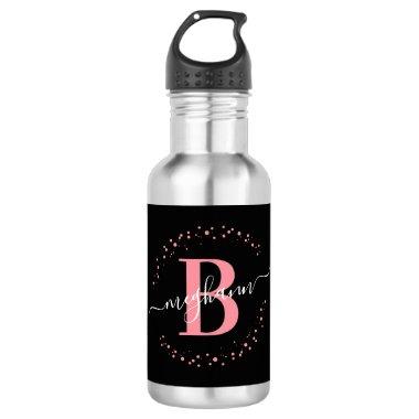 Modern Girly Black Pink Name Script Monogrammed Stainless Steel Water Bottle