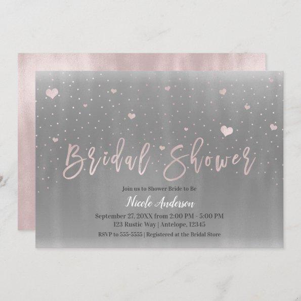 Modern Glam Bridal Shower Silver Grey Pink Hearts Invitations